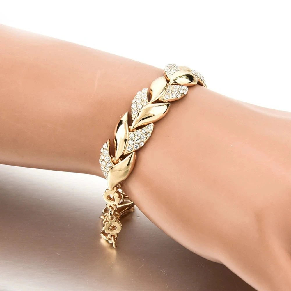 

Bohemian 925 Sterling Silver Gold Braided Leaves Crystal Adjustable Bangle&Bracelets for Women Girls Wedding Party Jewelry Gifts