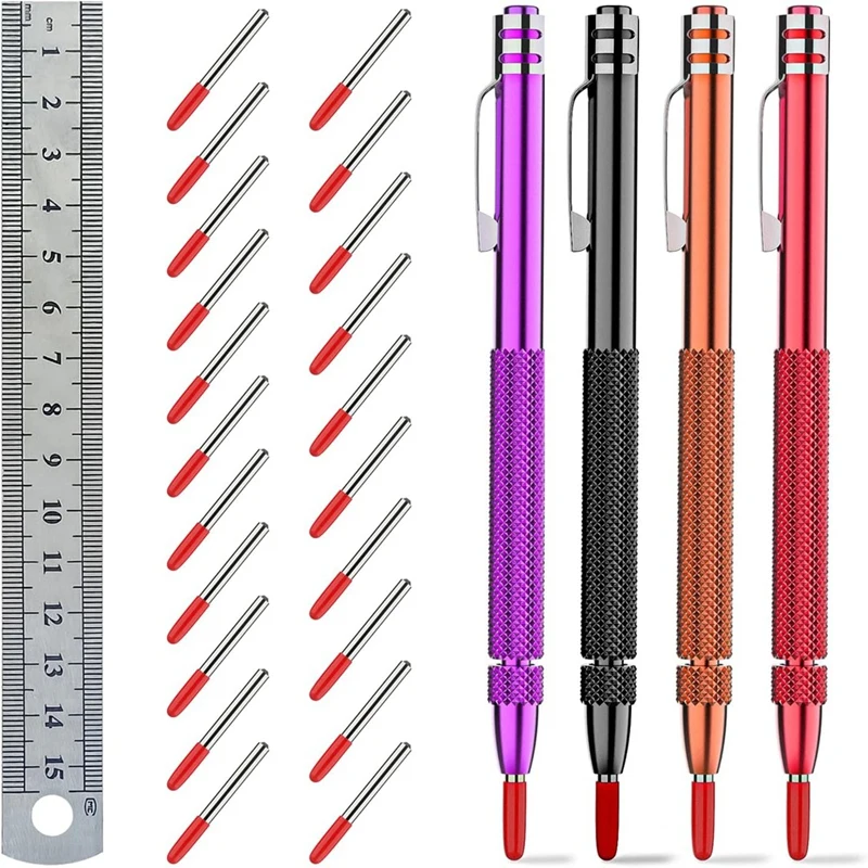 AA01-Color Tungsten Carbide Scriber With Magnet,A Ruler,With Extra 21Replacement Marking Tip,For Glass/Ceramics/Metal Sheet