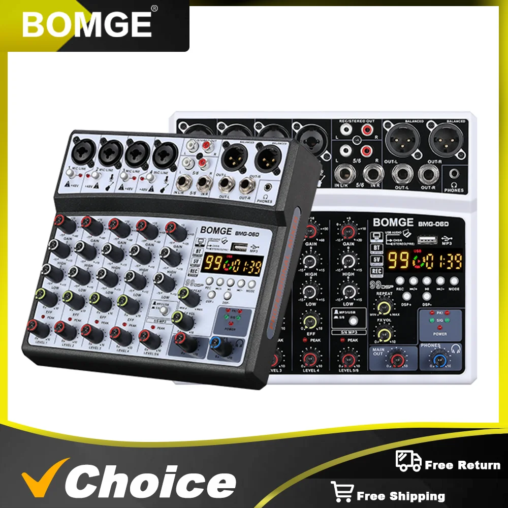 

BOMGE 6-канальный аудиомикшер Портативная микшерная консоль USB-интерфейс Звуковая карта с фантомным питанием 99 DSP Echo 48 В