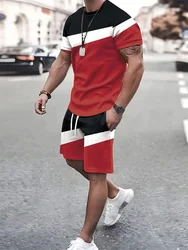 Summer Fashion Men's Patchwork Printed Short Sleeve Shorts Set Outdoor Sports Breathable Short Sleeve Elastic Drawstring Shorts