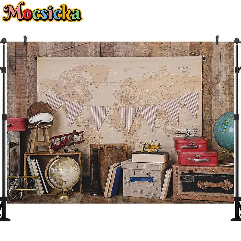 Mocsicka World Map Theme Background Global Travel Birthday Party Backdrop Photography Children Kids Portrait Studio Props Banner