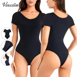 Vensslim Bodysuit for Women Tummy Control Shapewear Thong body shaper Round Neck Jumpsuits Short Sleeve waist trainer shorts