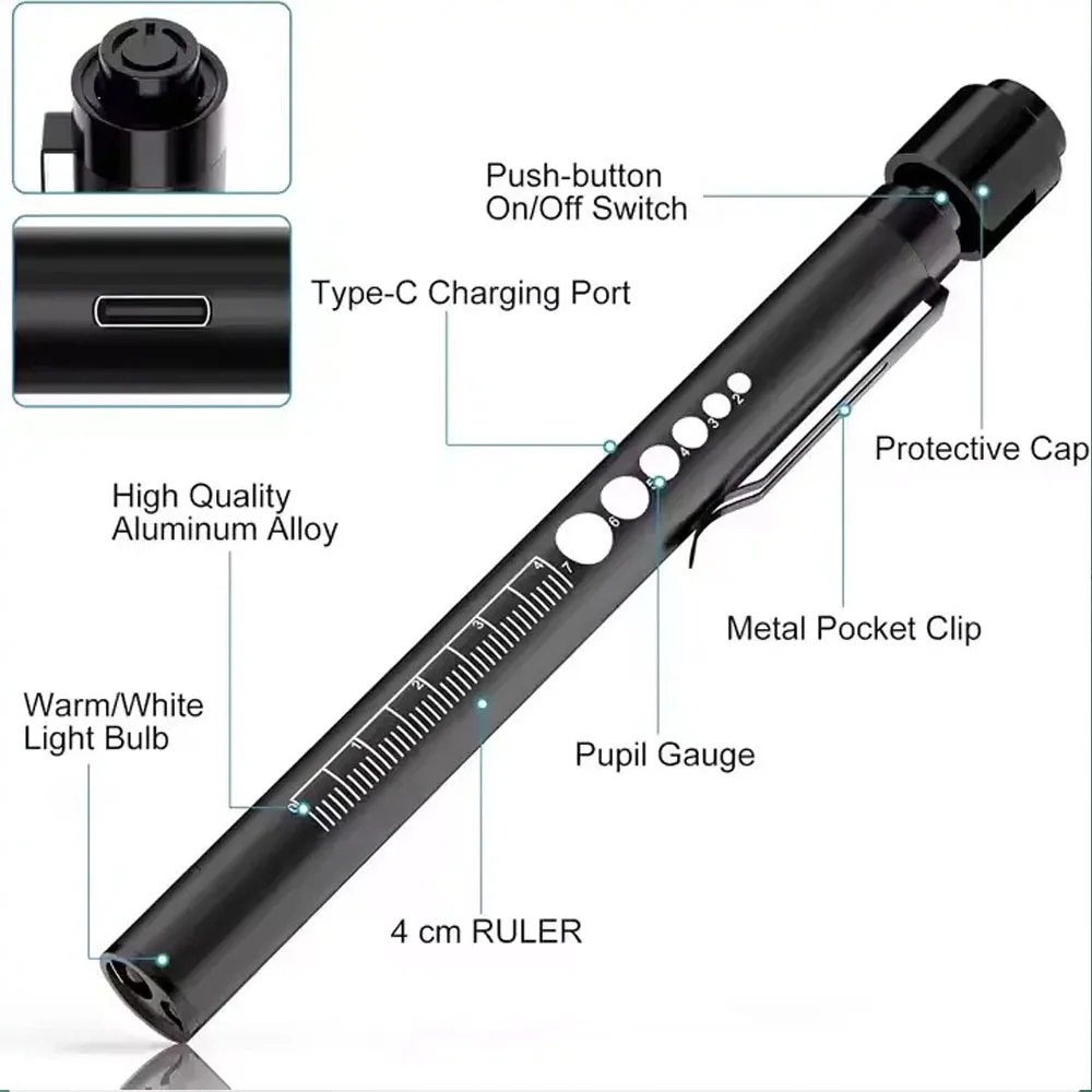 2 in 1 LED Penlight With Pupil Gauge Type-C USB Rechargeable Ldeal Medical First Aid Work Camping Hike Child Emergency Lighting