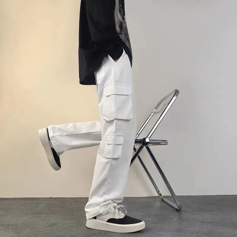 

Japanese White Cotton Multi-pocket Overalls Men's Drape Loose Pants High Street Straight Wide-leg Trousers