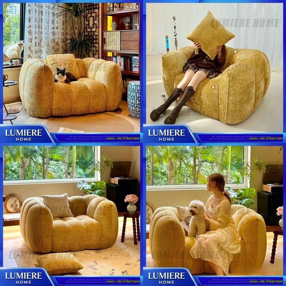 

French Vintage Style Pumpkin Armchair in Cream Beige for Living Room and Bedroom Retro Yellow Accent Chair Comfortable Small