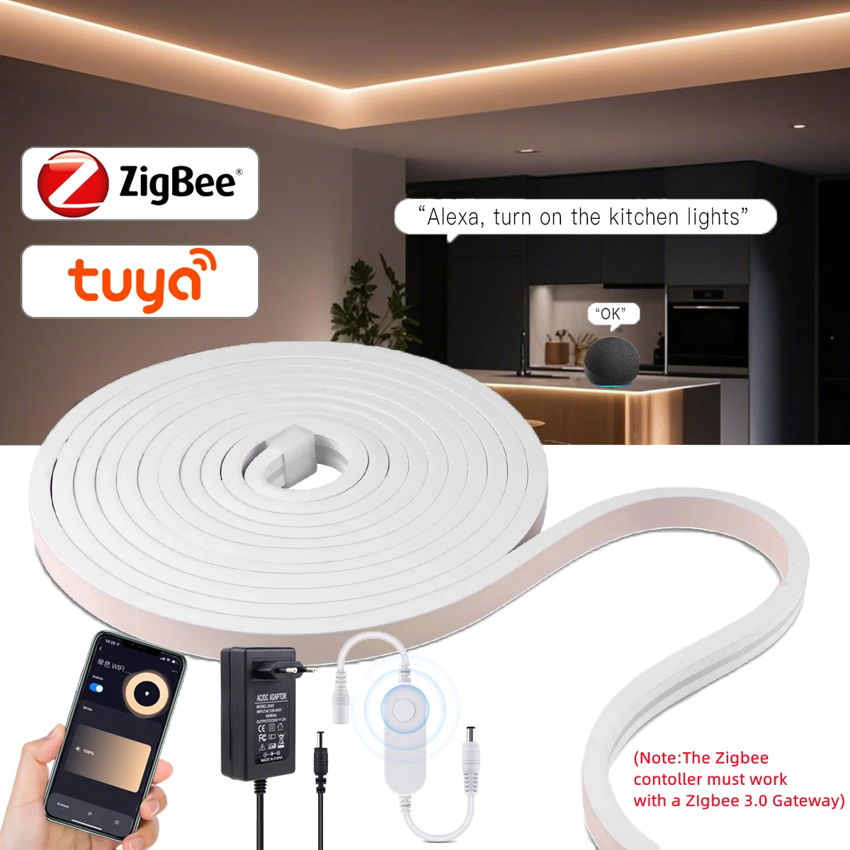 

Tuya Zigbee Dimmable COB LED Strip Closet Light 24V Ra90 Waterproof 320LEDs/m Smart APP Voice Control Flexible Ribbon Neon Tape