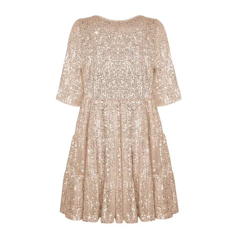 

Spring Autumn Casual Round Neck Sequined Mini Dress With Half Sleeves