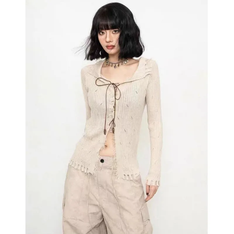 Elegant Women Long Sleeve Pullover Sexy Sweater 2025 Korean Style Slim Fit Knitted Top Lace-up Autumn Solid Knitwear Clothiing