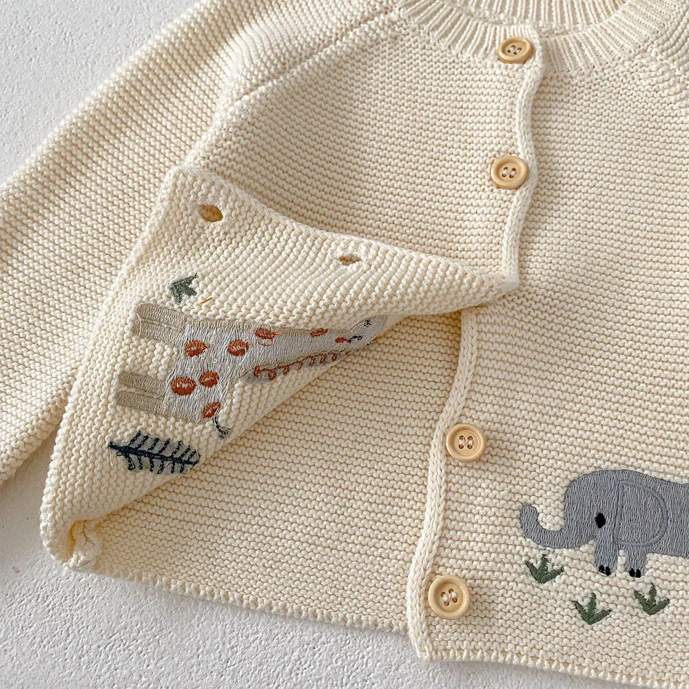 0-3 Y Autumn Baby Girls Clothes Animal Embroidery Sweaters Beige Knitwear O Neck Cardigans