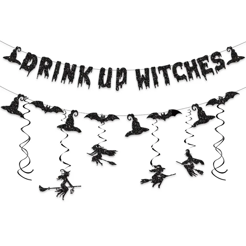 ハロウィンテーマデコレーション DRINK UP WITCHES プルフラッグ プルフラワーハット 魔女コウモリ スパイラルハンギングデコレーション