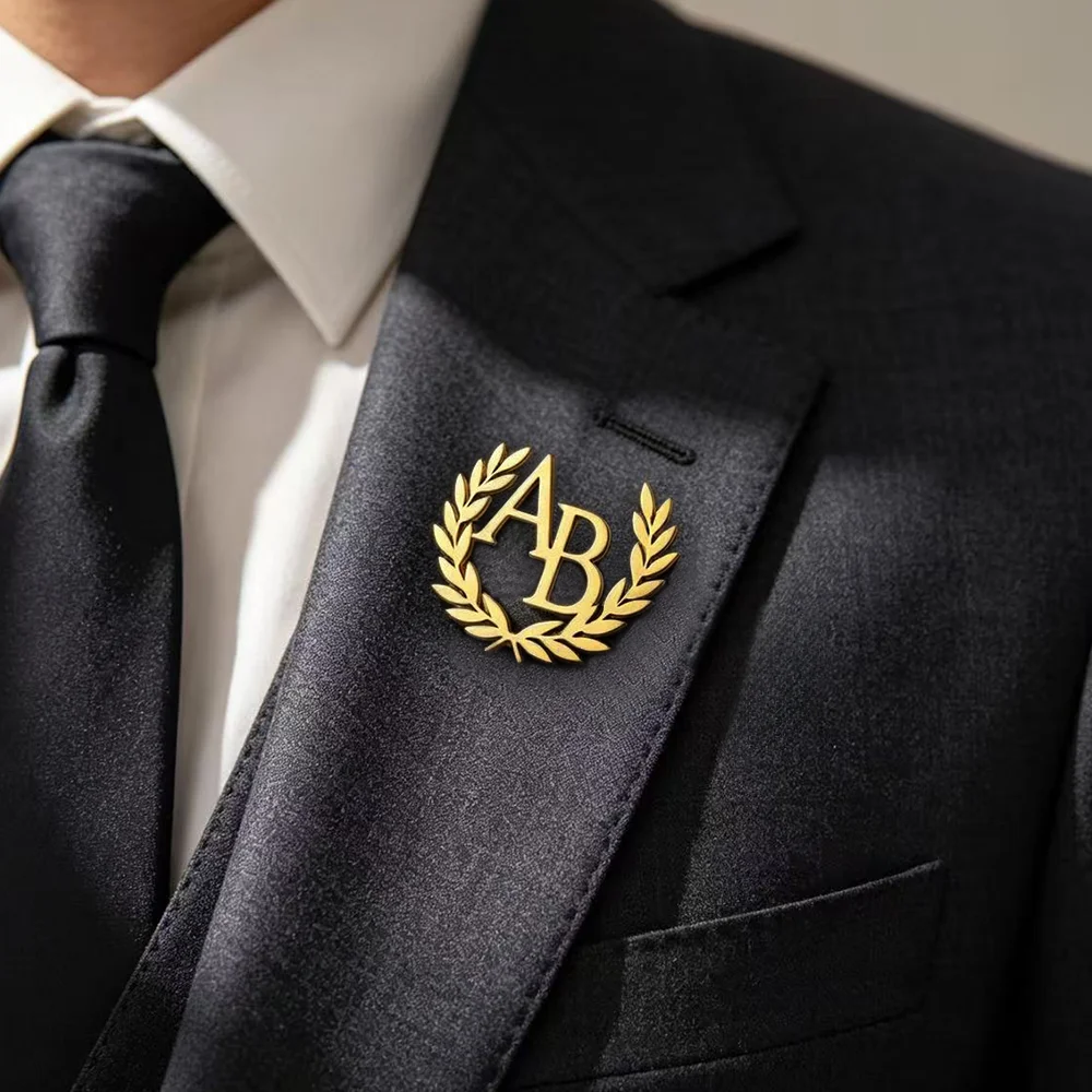 Customized Initial Letter Brooch, Personalized Olive Branch Stainless Steel Brooch, Groom's Badge Fashionable Jewelry Gift