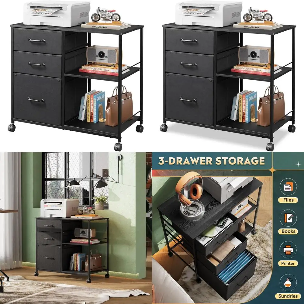 

3-Drawer Mobile File Cabinet, Adjustable Printer Stand with Storage Shelf, Black Fabric Filing Cabinet for A4/Letter Size Office