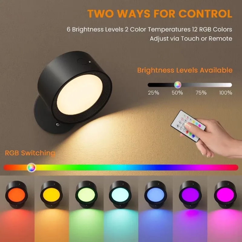 9 Colors 360° Rotation Wall Lamp Mounted Night Lights RGB LED Up Down Remote Rechargeable Wireless Reading Bedroom Lamp
