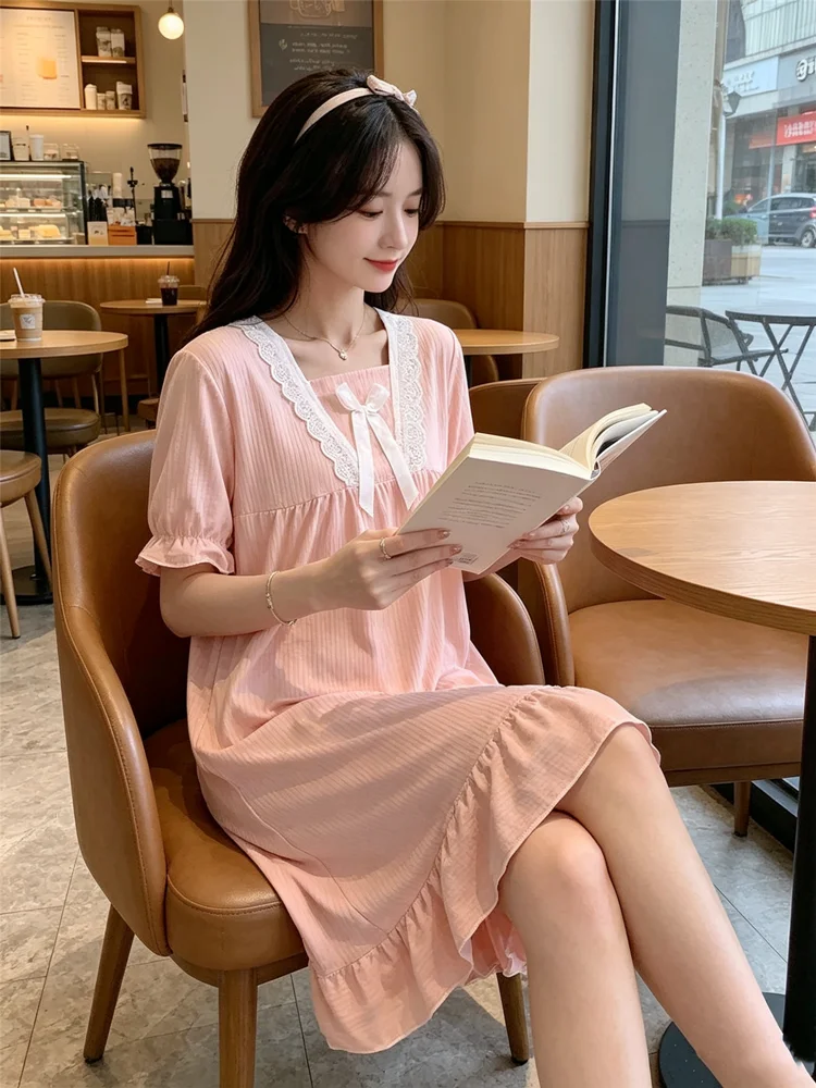Women's Retro Summer Pajamas Dresses Sleepwear Sweet  Night Dress Women Nightgown Short Sleeve Lingerie Lace Patchwork Nightie image 5