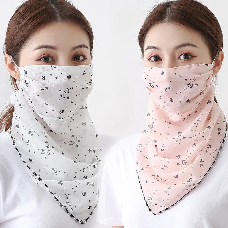 Verstellbare ohr hängende Gesichts maske Damen Doppels chicht Chiffon Sonnenschutz Schal bedruckt Gesichts schleier Hals abdeckung staub dichter Schal