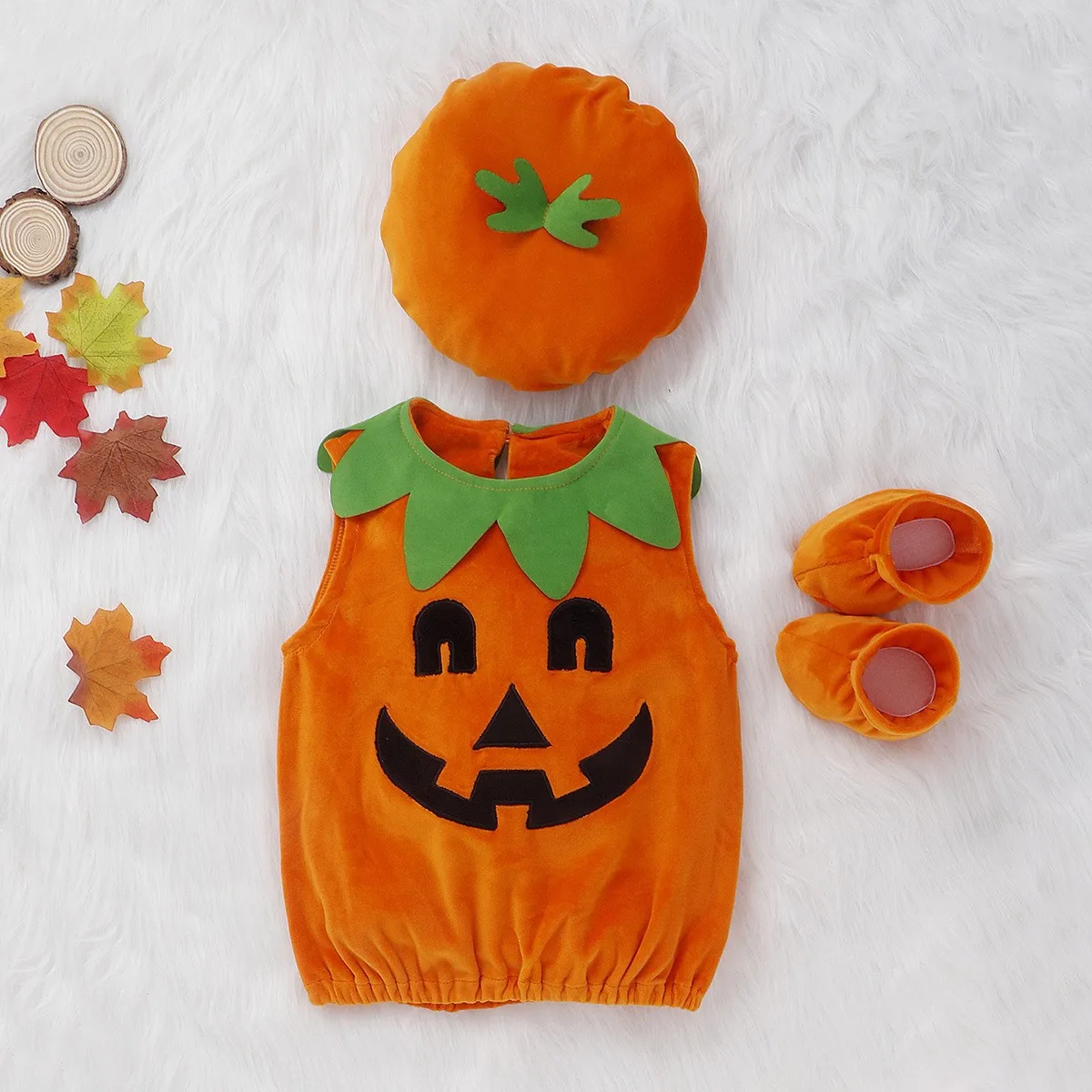 

Kawaii 3Pcs Cosplay Halloween Baby Costumes Newborn Sleeveless Pumpkin Style Warm Soft Cotton Romper Suit Tops Hat Shoes Clothes