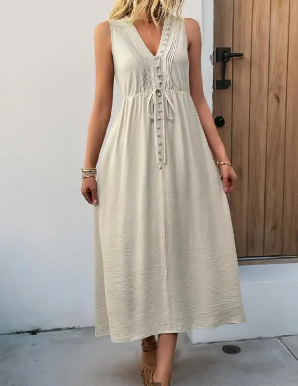 Women's Dress 2025 Summer New Lace Pleated Sleeveless Solid Color High Waisted Dress Romantic Countryside Elegant Dress