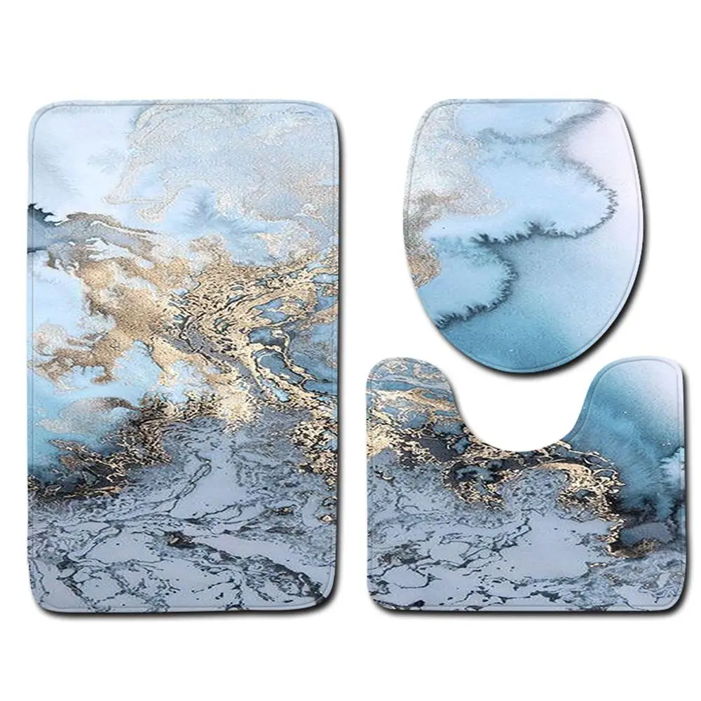 3pcs Marble Pattern Bath Mats Anti Slip Bathroom Mat Set Washable Toilet Seat Lid Cover Pedestal Rug Set Home Decor