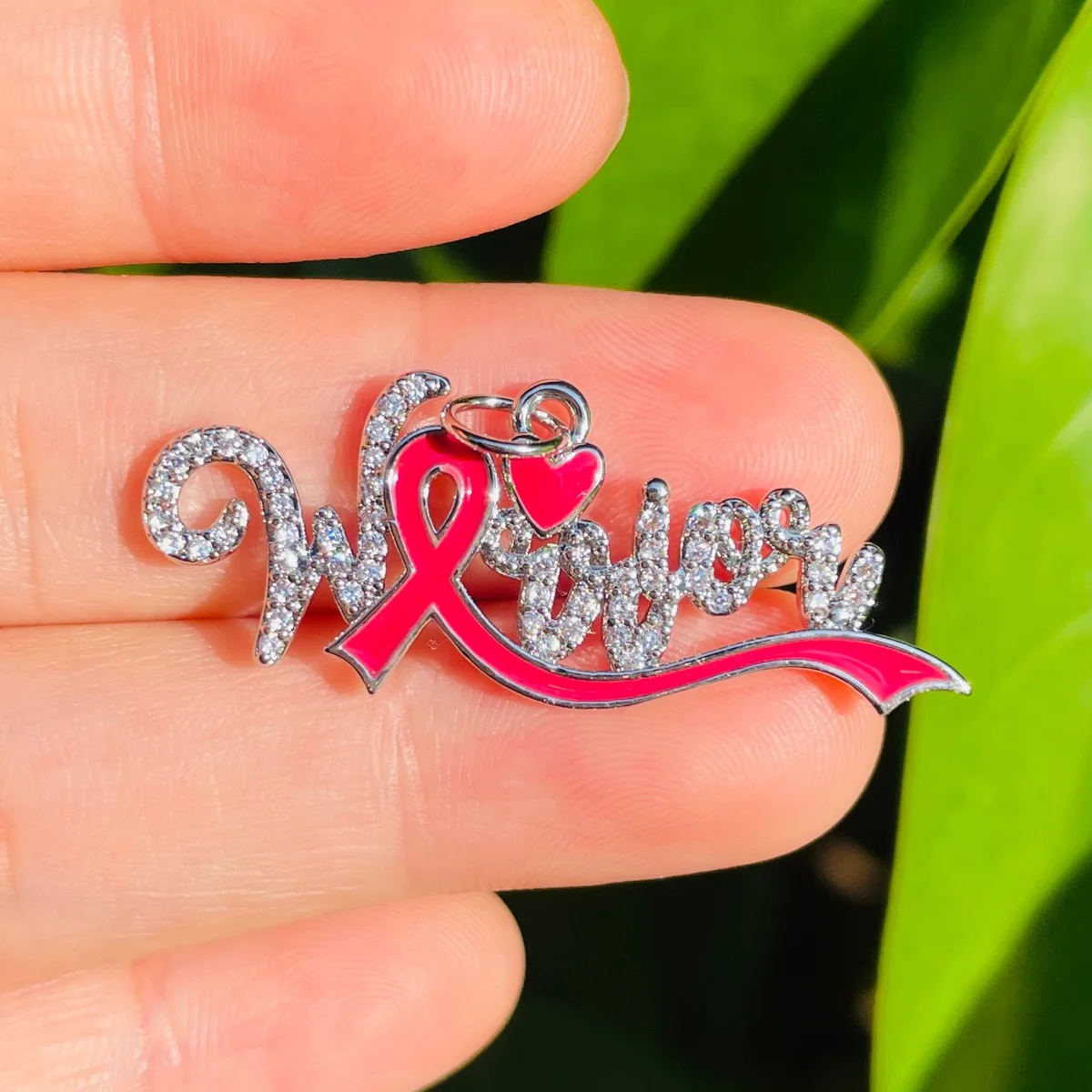 5pcs Zirconia Warrior Word Charm Enamel Pink Ribbon Breast Cancer Awareness Letters Pendant for Women Bracelet Necklace Making