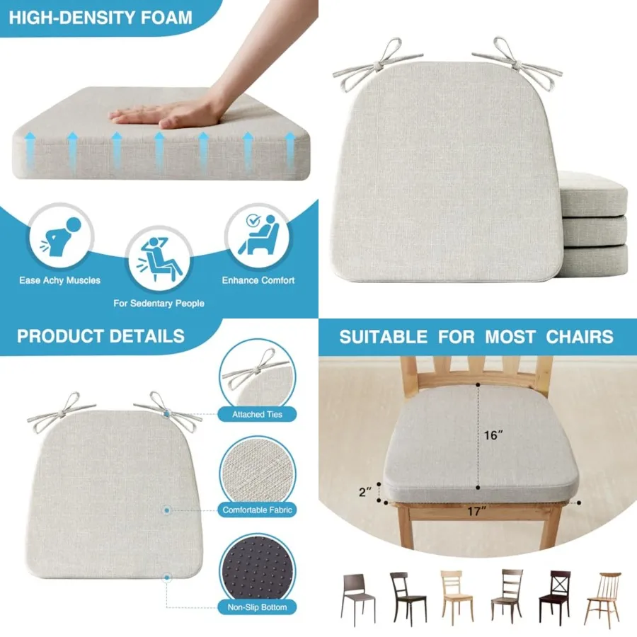 

Chair Cushions for Dining Chairs Set of 4, Non Slip Kitchen Chair Pads, 17 x 16 x 2, Indoor Dining Chair Cushions with Ties, D-