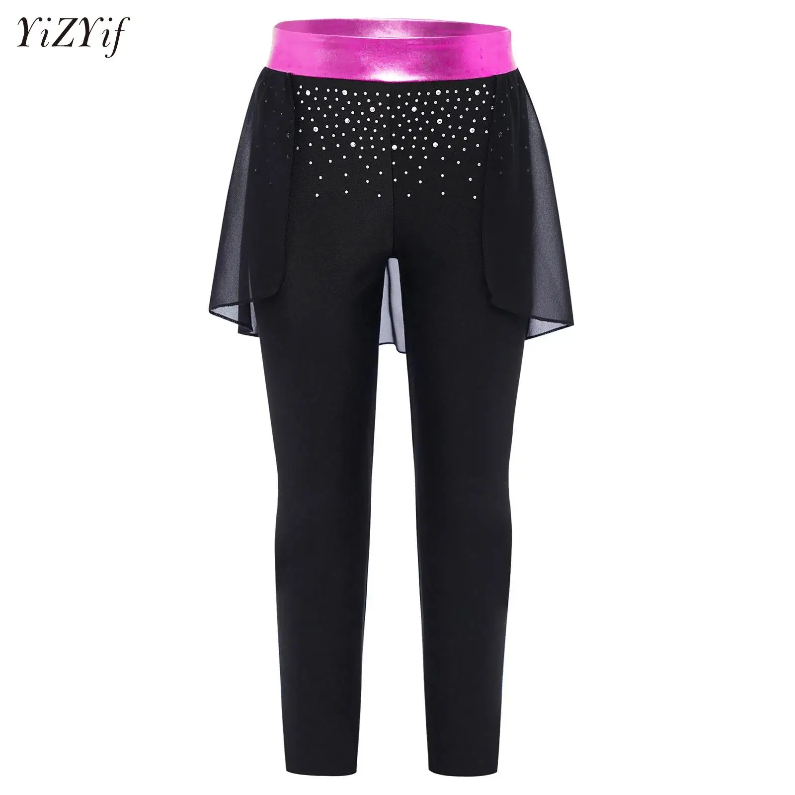 

Children Girls Ballet Dance Figure Skating Performance Costume Kids Shiny Rhinestones Metallic Chiffon Skirted Pants Leggings
