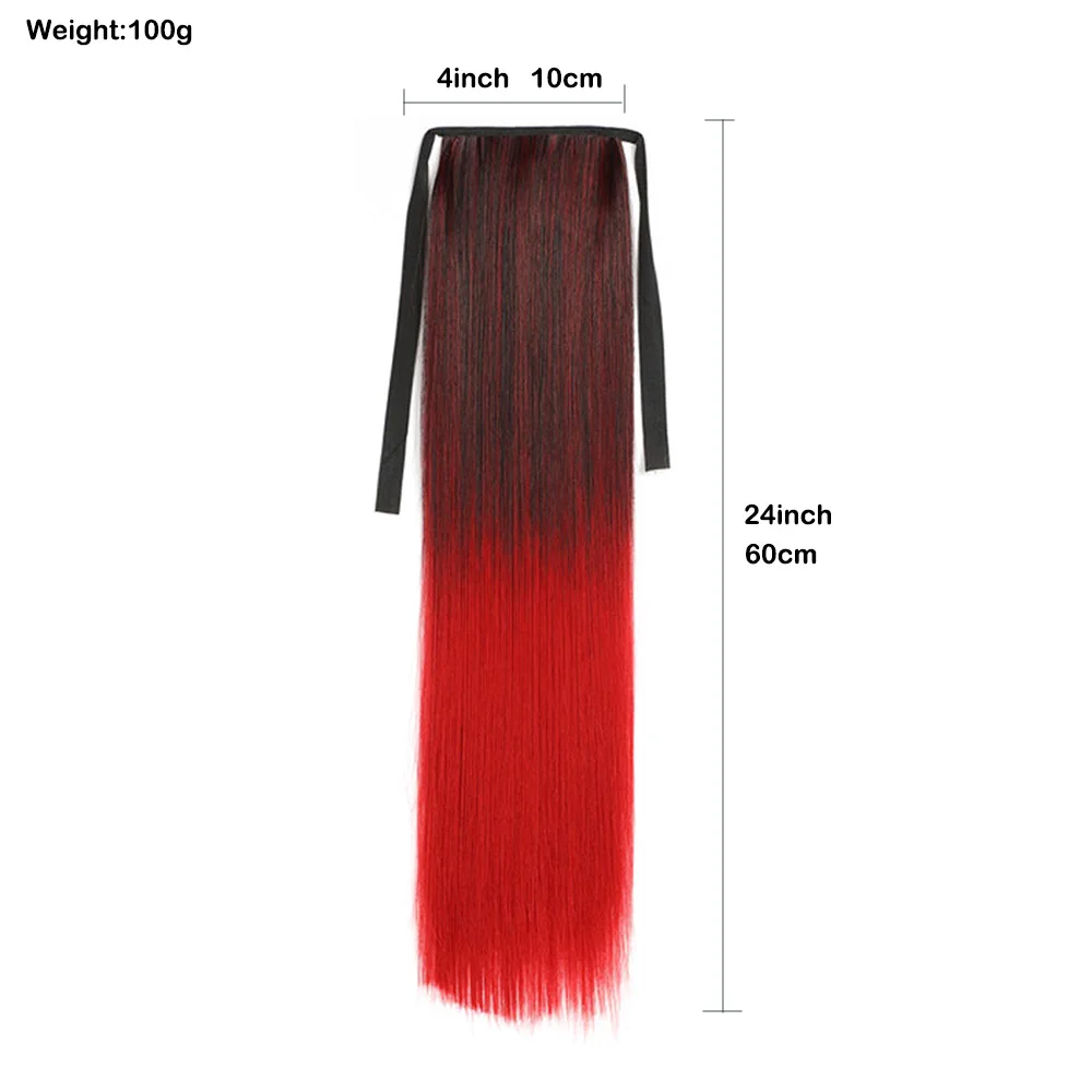 24 Inch Ombre Straight Ribbon Tie Ponytail Extension Synthetic Colorful Wrap Hair Pony For Women Party