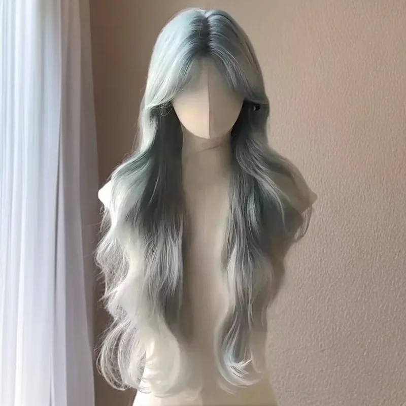 Peruka z długimi włosami dla kobiet, długie falowane włosy z niebieskim gradientem, duże fale, realistyczna i elegancka peruka na całą głowę.