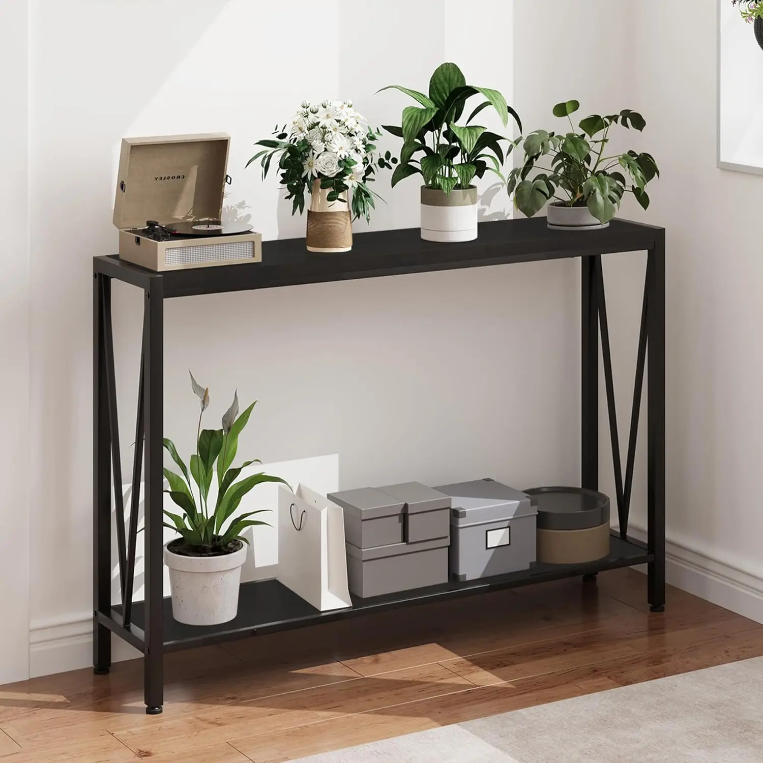 

Двухуровневый консольный столик с полкой для хранения, узкий придиванный столик 43 дюйма для прихожей, с металлическим каркасом и регулируемыми ножками, черный