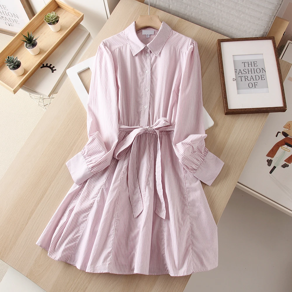 Doce rosa listrado camisa vestido para mulher outono fino manga cheia a linha vestidos casuais de cintura alta rendas vestidos de comprimento médio