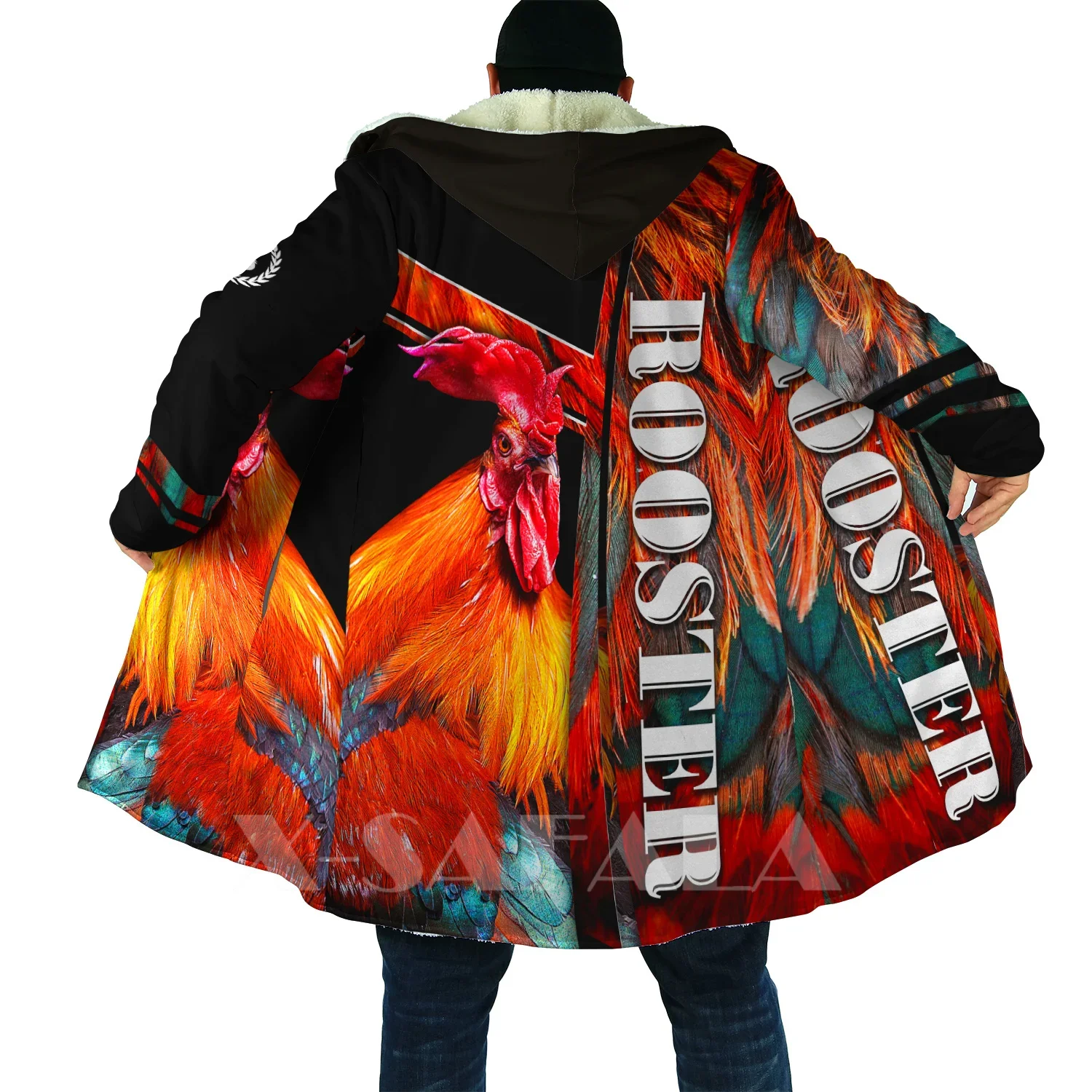 

Mexico Beautiful Rooster Mexican Art Overcoat Coat Printed Thick Warm Hooded Cloak for Men Windproof Fleece Unisex Casual-2