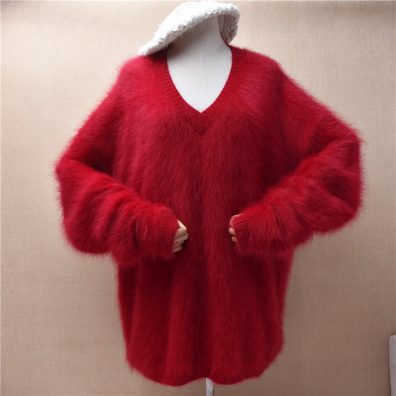 Women Mujer Autumn Winter Clothing Red Hairy Plush Mink Cashmere Knitted Long Sleeves V-Neck Loose Angora Fur Sweater Jumper Top