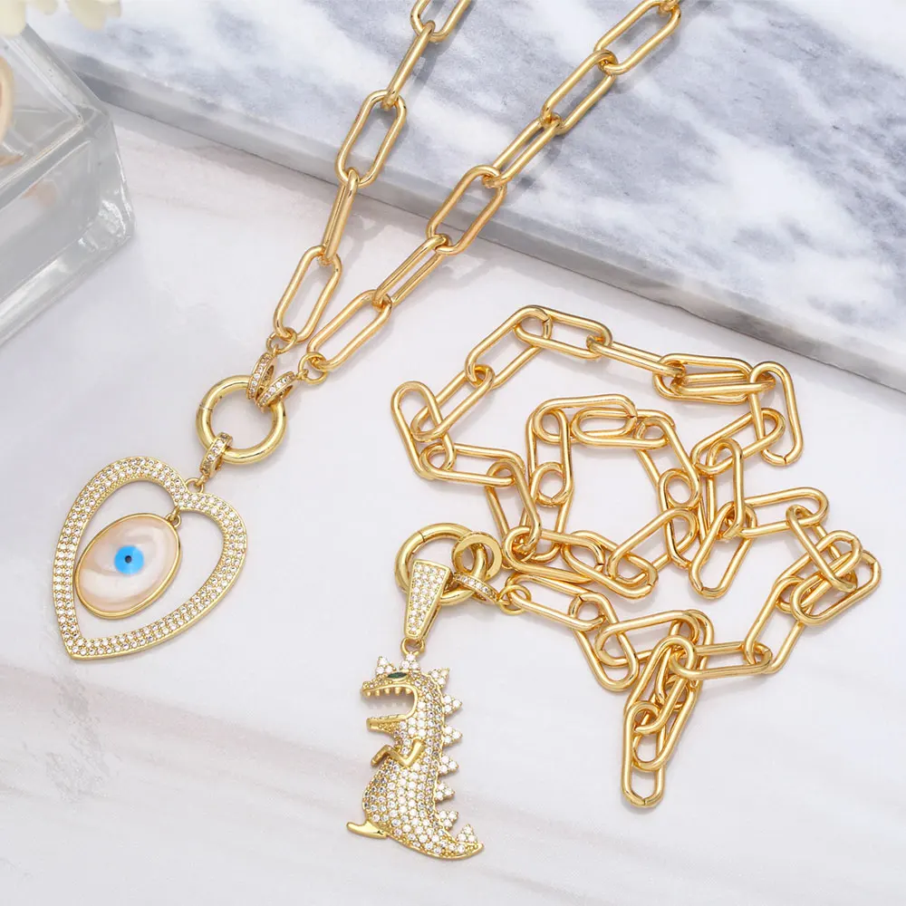 FLOLA Cuban Link Chain Eye Heart Pendant Necklace Copper Zircon White Stone Crystal Dinosaur Necklace Wholesale Jewelry nkeb048 image 2