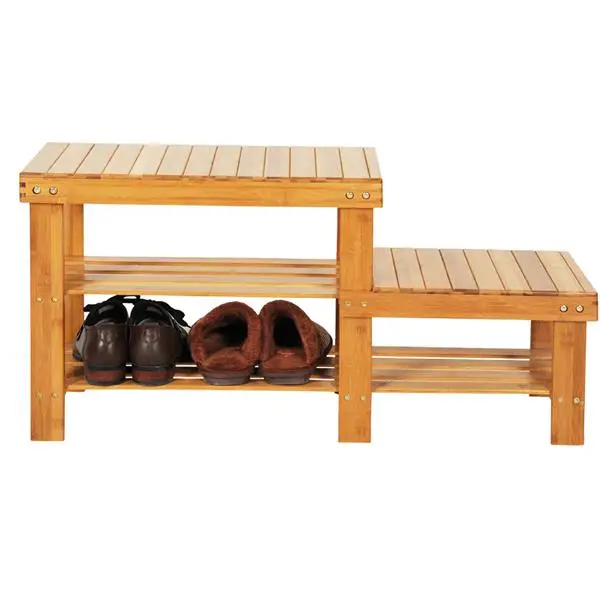 Kids Bamboo Shoe Rack - Wood Color, Strip Pattern, 90cm