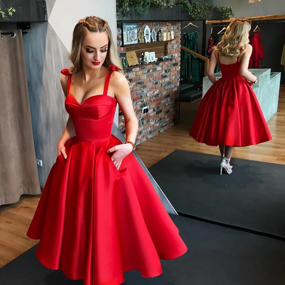 Red Prom Dress Ankle-Length Spaghetti Strapless Pleat A-Line Formal Occasion Birthday Party Gown Pretty Women Dresses Vestidos