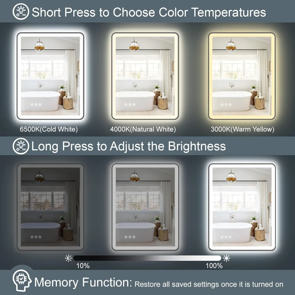 Espelho de banheiro LED regulável de 48 x 32 polegadas com iluminação frontal e traseira, bordas arredondadas, design sem moldura, três opções de cores e