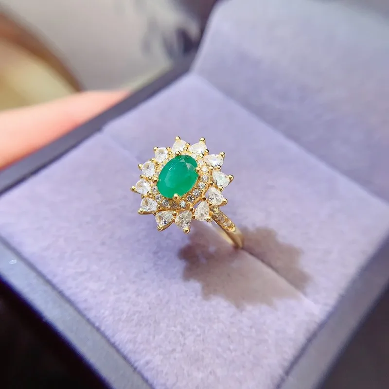 

100% Natural Emerald Ring 5x7mm Natural Emerald Jewelry Allergy Free 18K Gold Plating 925 Silver Flower Ring