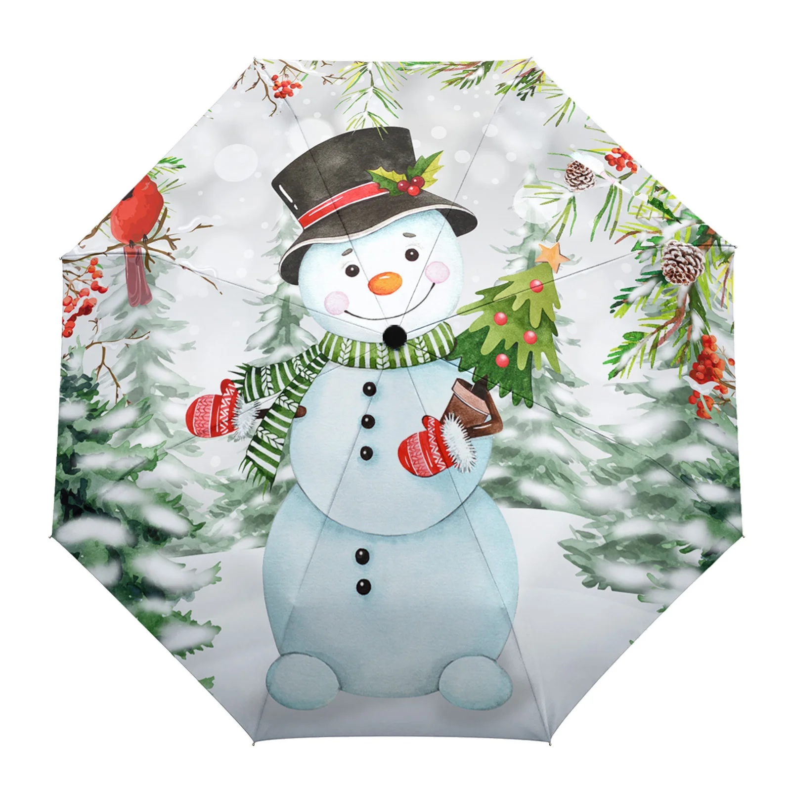 Christmas Snowman Berries Cardinal Large Fully-automatic Parasol Umbrella Foldable Eight Strand Umbrella for Adult Rain Umbrella