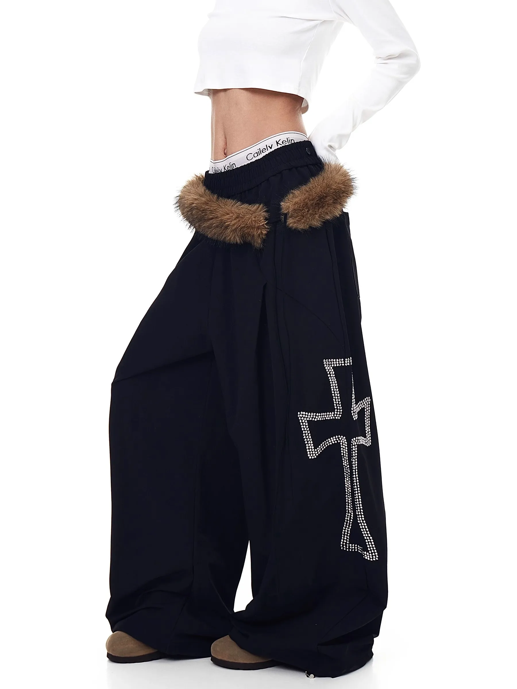 

Американский дизайн, широкие брюки с отстегивающимся меховым воротником, повседневные спортивные женские брюки на шнурке, длинные, с высокой талией, из хлопка...