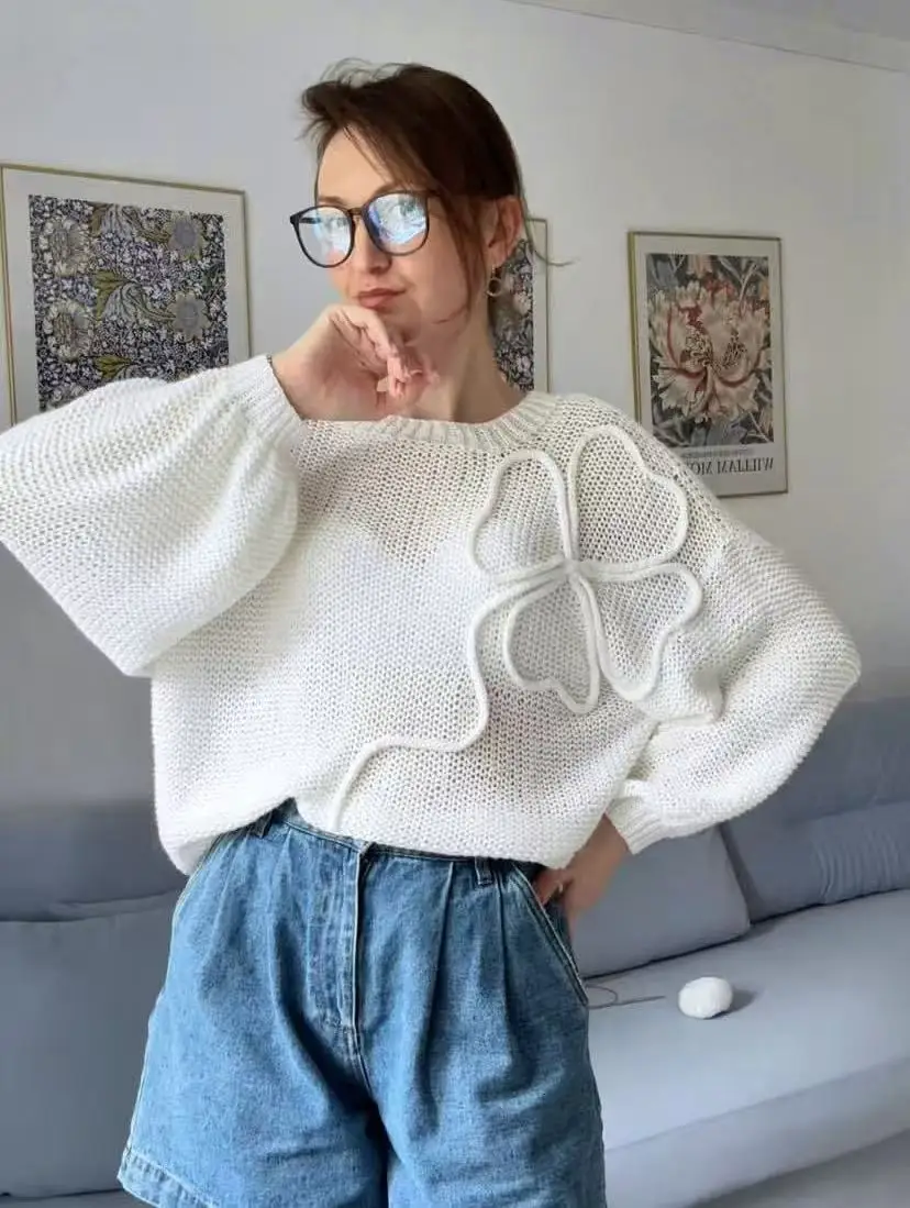 Hohles Design, gestricktes Hemd für Damen, Sommer, neuer Stil, locker sitzender, hautbedeckender Sonnenschutz-Hoodie mit Rundhalsausschnitt – Detail 1