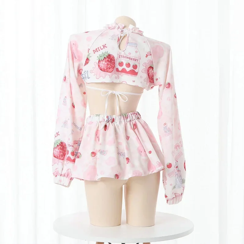 Anime Dienstmädchen Outfit Cosplay Uniform rosa süße Lolita Kleider Kuhmädchen Erdbeere Langarm aushöhlen Crop Top Minirock Set