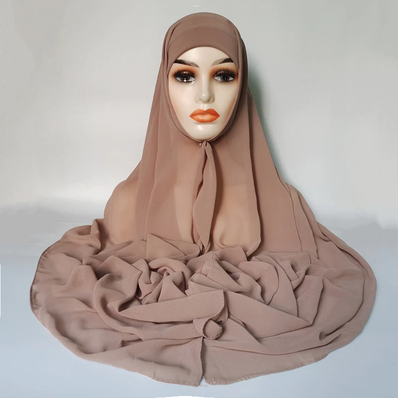 Instant Hijabs With Cap Plain Chiffon Jersey Hijabs For Woman Veil Muslim Islamic Hijab Cap Scarf For Women\'s Hijabs Headscarf