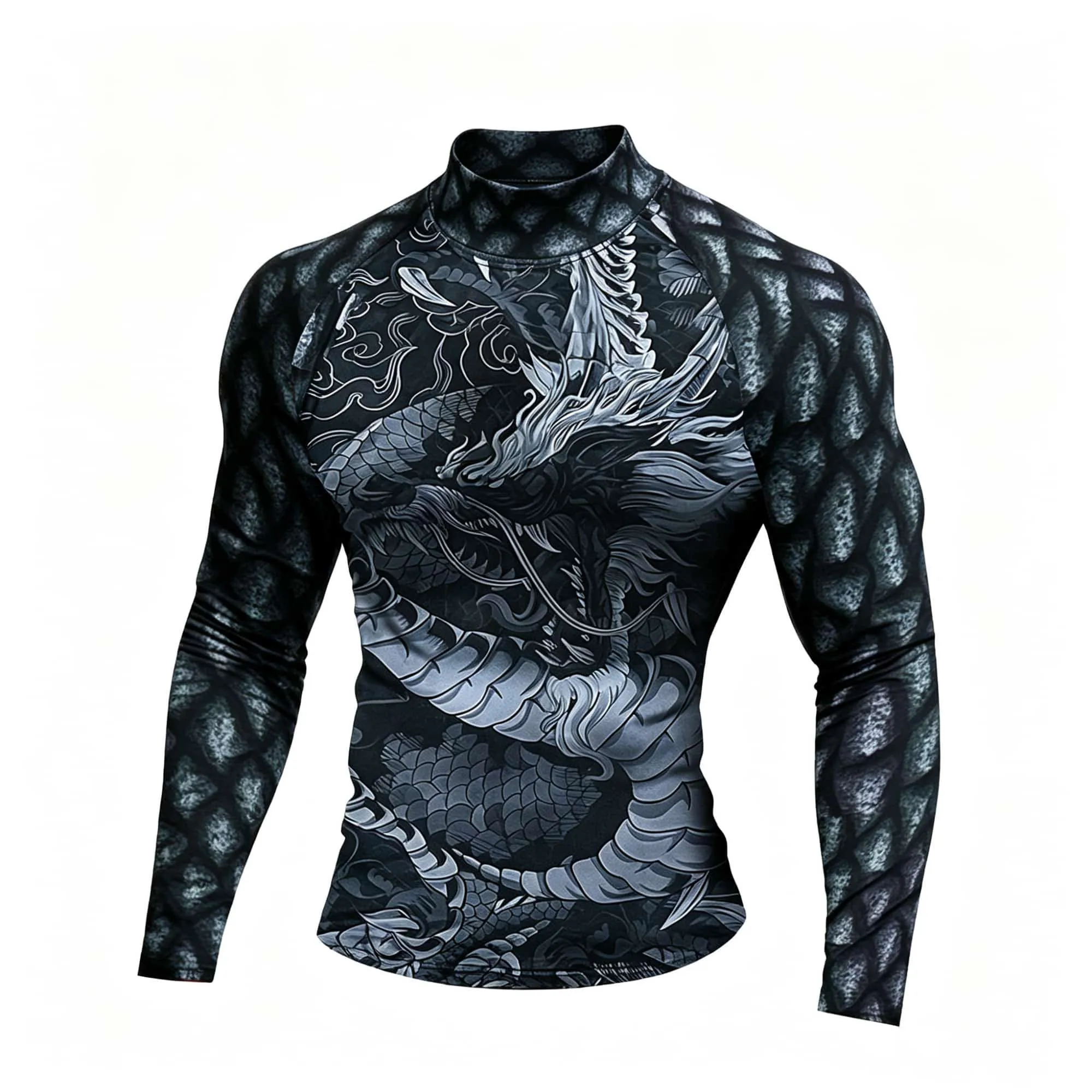 Oriental Dragon Graphic Men Mock Turtleneck Compression Shirt Gray Black All‑Over Print Elastic Fitness Sport Urban Streetwear