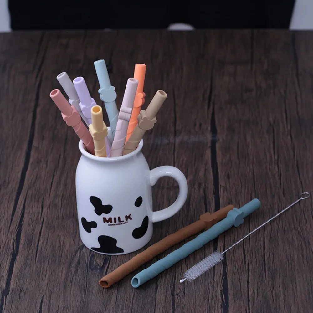 10Pcs/pack 10mm Silicone Straws Straight Bear Pattern Reusable Drinking Straws Large Diameter with Cleaning Brush Baby Straws