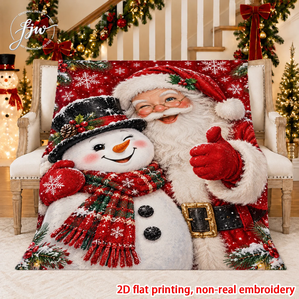 1pc 2D Flat Vintage Santa & Snowman Christmas Blanket, Ultra Cozy Throw for Bed, Sofa, Chair & Office, Travel & Outdoor