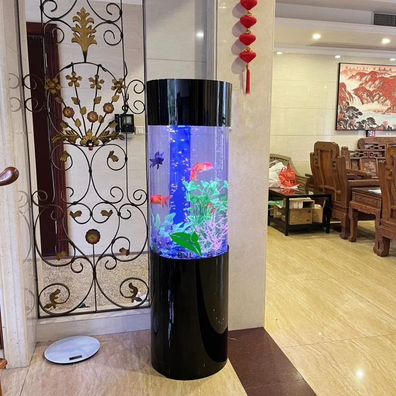 

home office decoration floor standing LED light acrylic round fish aquarium tank