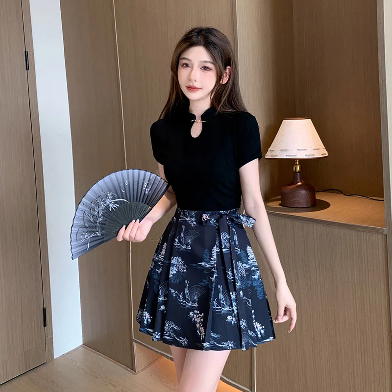 Summer New Chinese Style Improved Version Of Short Horse Face Skirt For Women With Black Embroidery Small Stature Pleated Short