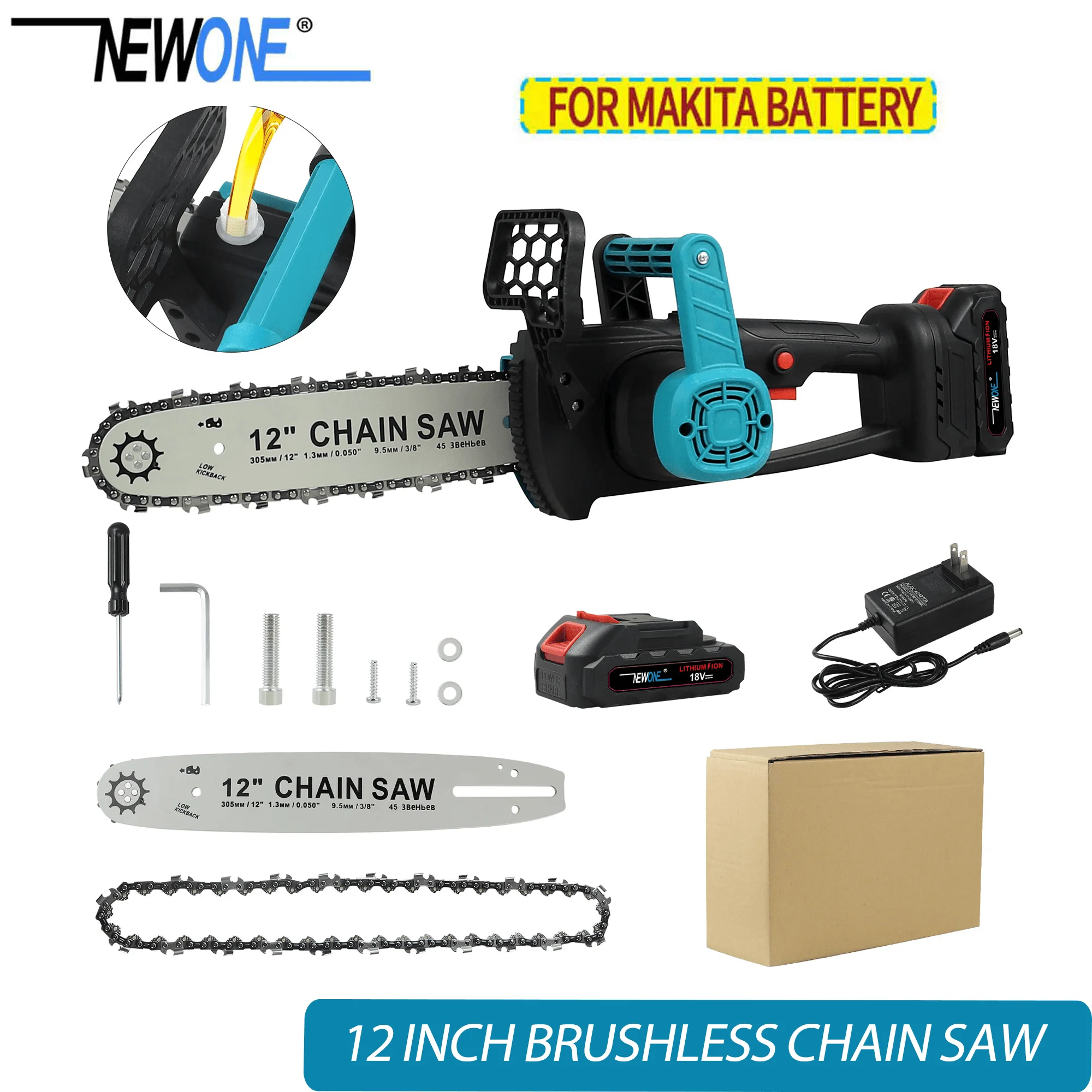 NEWONE Cordless Brushless motor Electric Alloy  Chainsaw 12 inch 880W  high hardness sharper cutting compatible with makita 18V