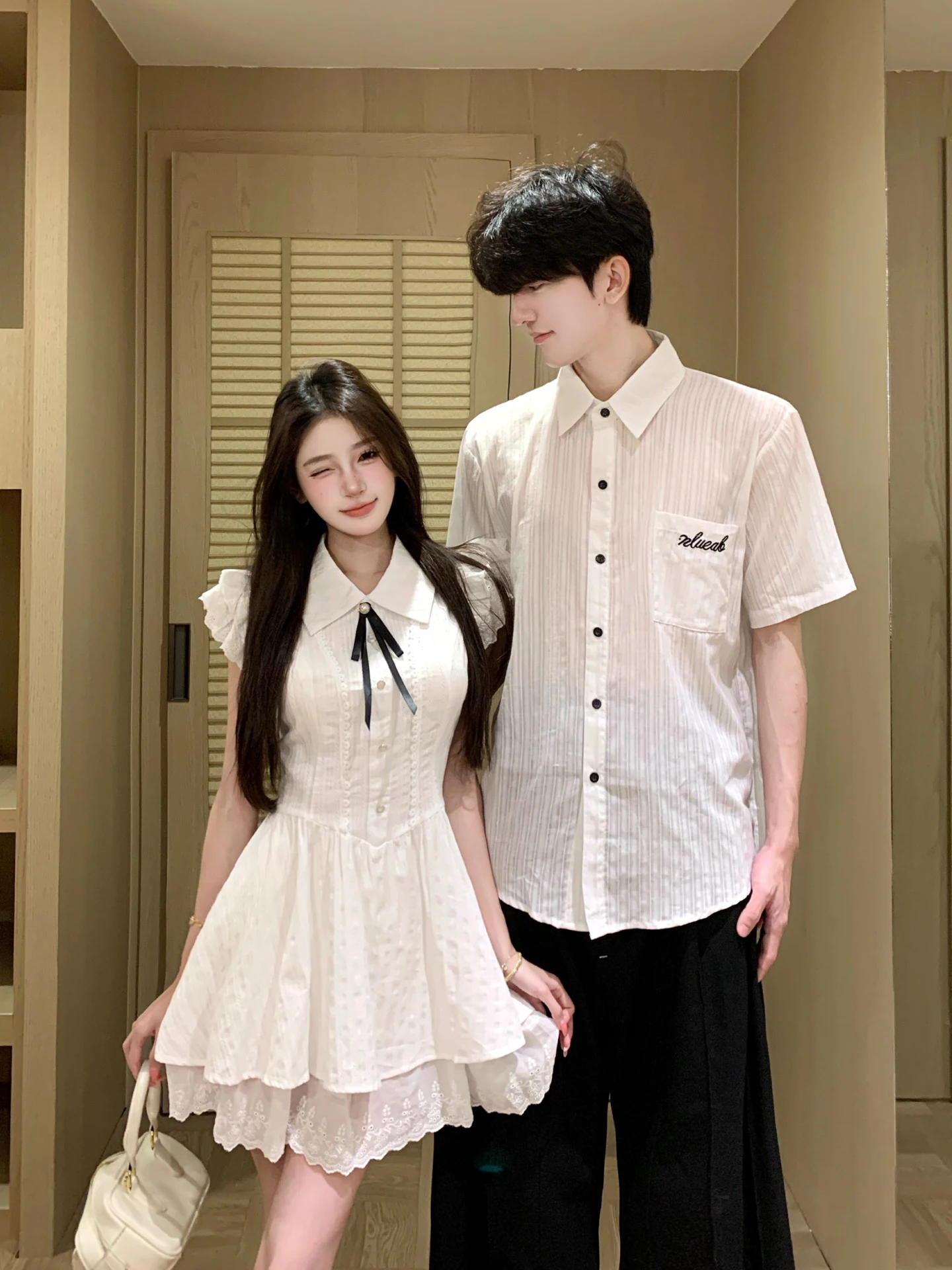 sweet-collar-short-sleeve-shirt-couple's-outfit-waist-cinched-puffy-dress-men's-standard-fit-french-style-button-up-casual-wear