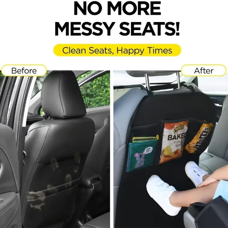 Black Seat Cover for Kids with 3 Pocket Storage Organizer, Waterproof Kick Mats Backseat Protector, Car Seat Back Protectors view 3