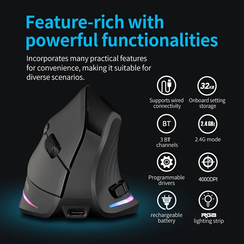 Rechargeable Wireless Vertical Mouse With Screen Display  Ergonomic Mice 6 Button Progammable Gaming Mouse for Gamer Desktop